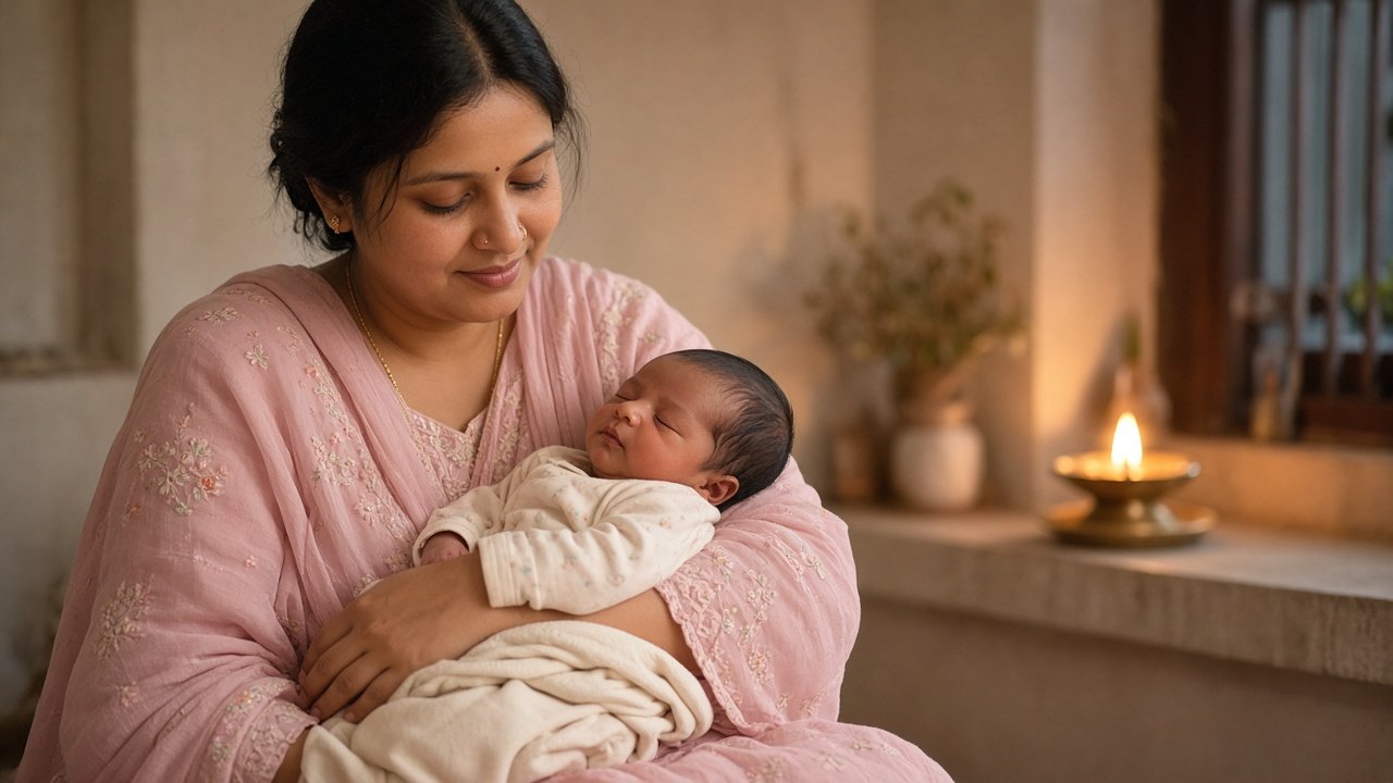 Mother resting with a newborn at home during Diwali week in Khammam