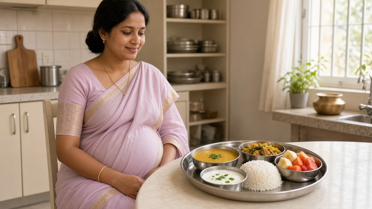Pregnant woman with a simple home-cooked meal during the festive season in Khammam