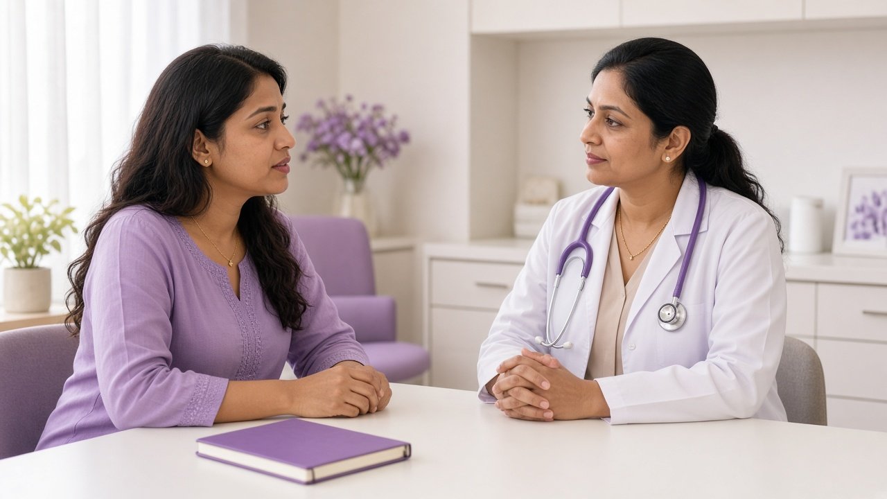 Woman consulting a gynaecologist about heavy periods in a Khammam clinic