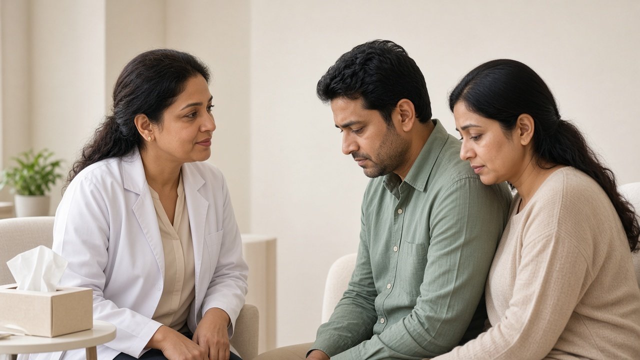 A doctor listening to a couple during a quiet pregnancy-loss consultation in Khammam