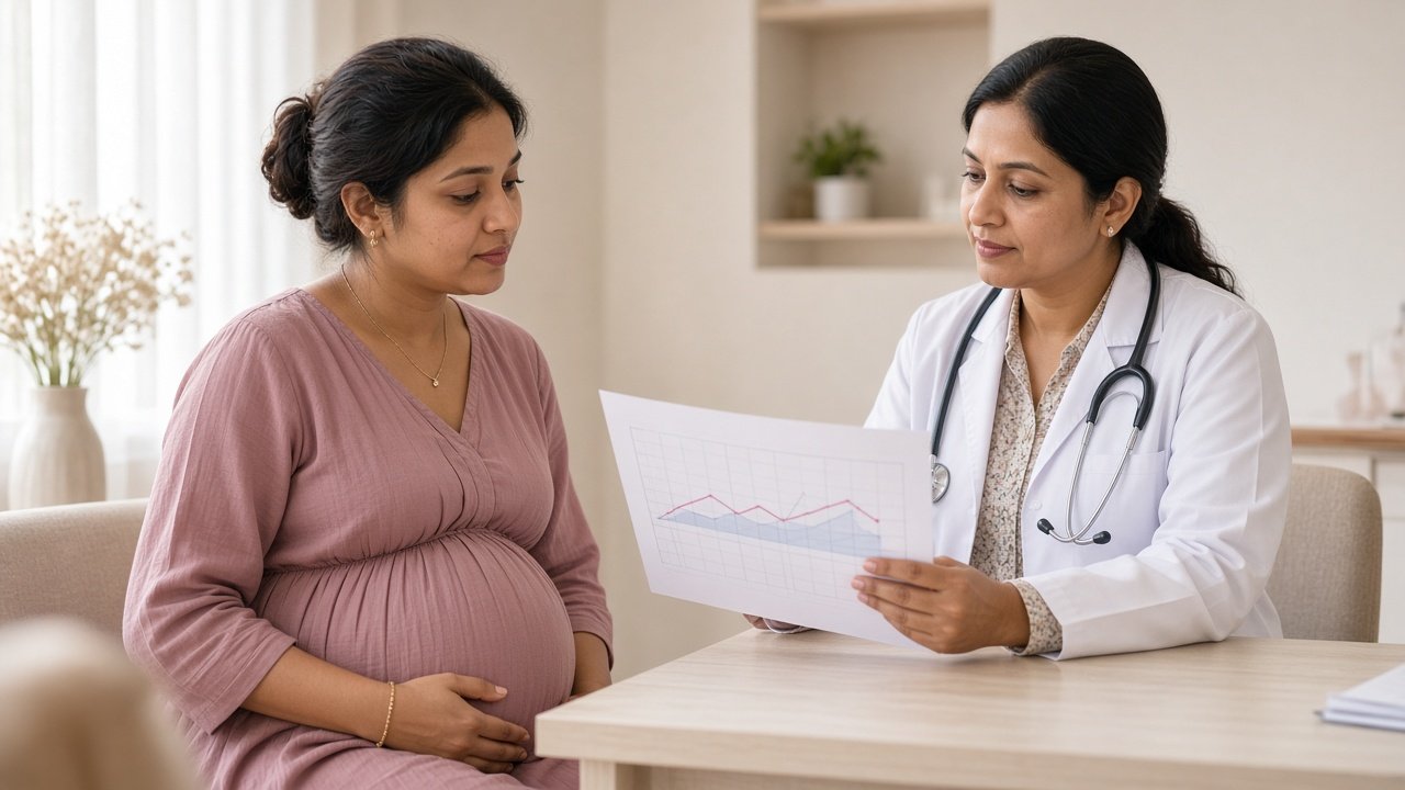 Pregnant woman in late pregnancy speaking with an obstetrician about preterm labour signs in Khammam